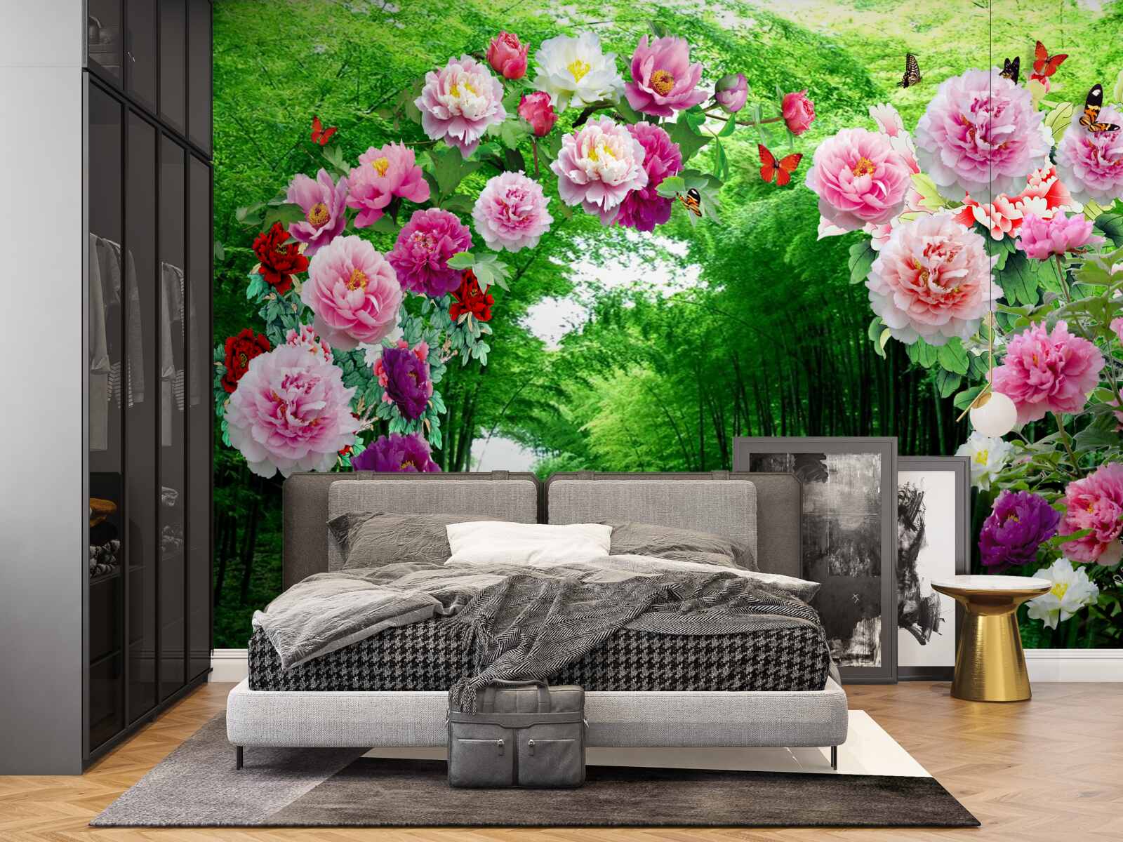 Fototapet flori și vulpi din bambus verde