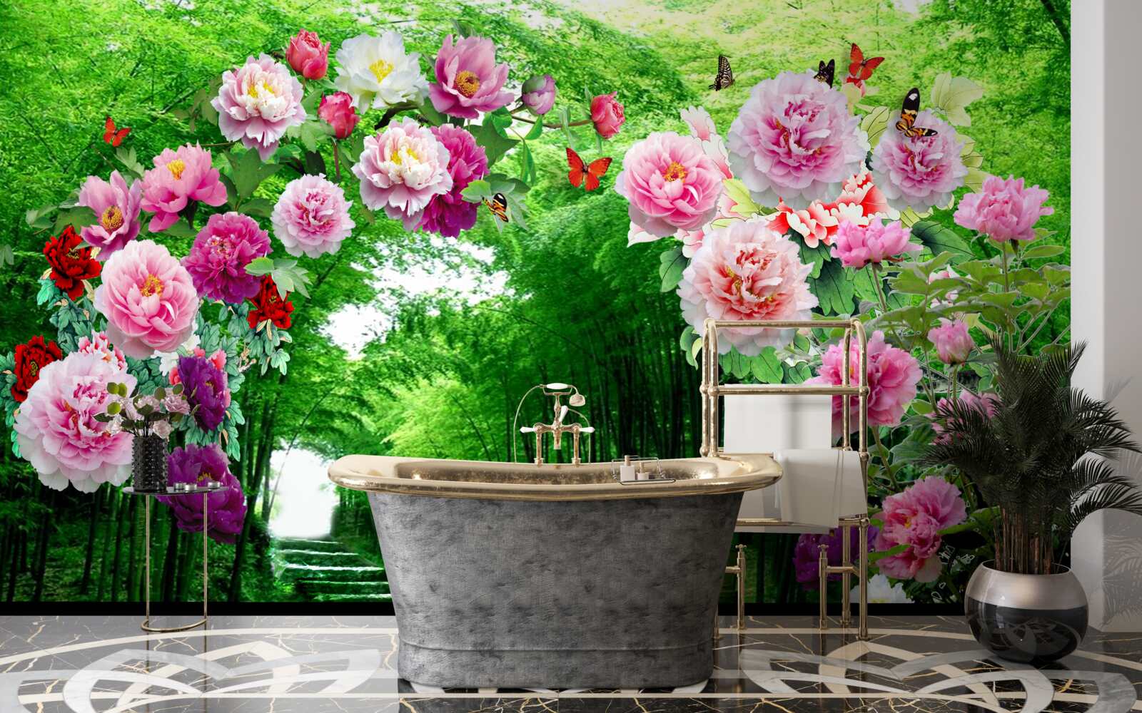 Fototapet flori și vulpi din bambus verde