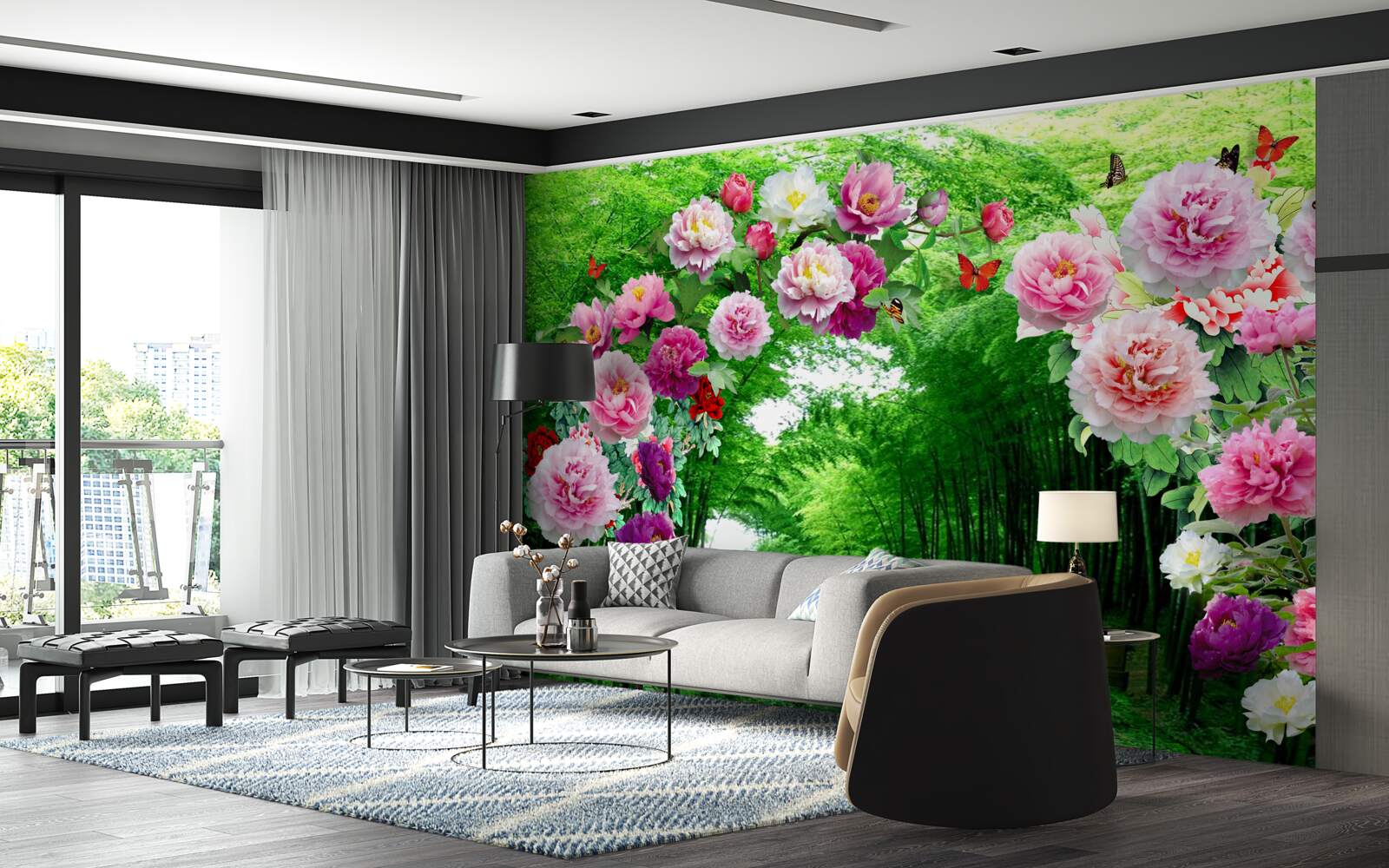 Fototapet flori și vulpi din bambus verde