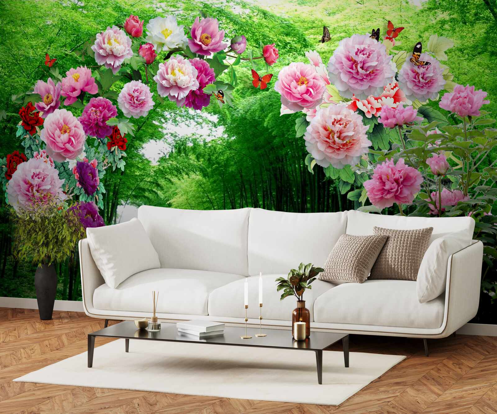 Fototapet flori și vulpi din bambus verde