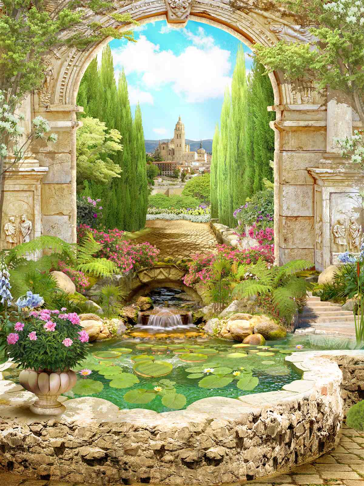 Fototapet arc vechi de piatră înconjurat de verdeață