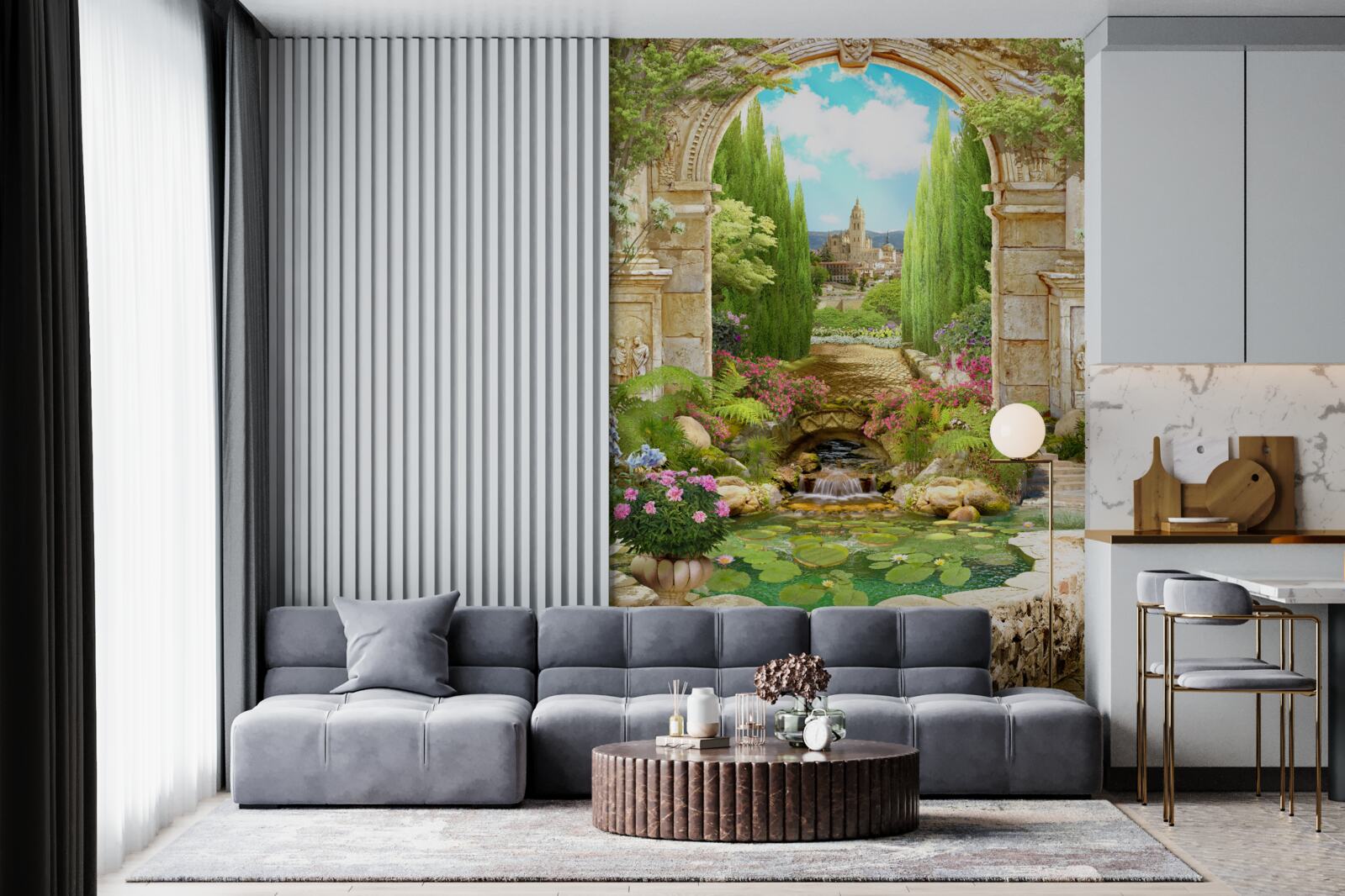 Fototapet arc vechi de piatră înconjurat de verdeață