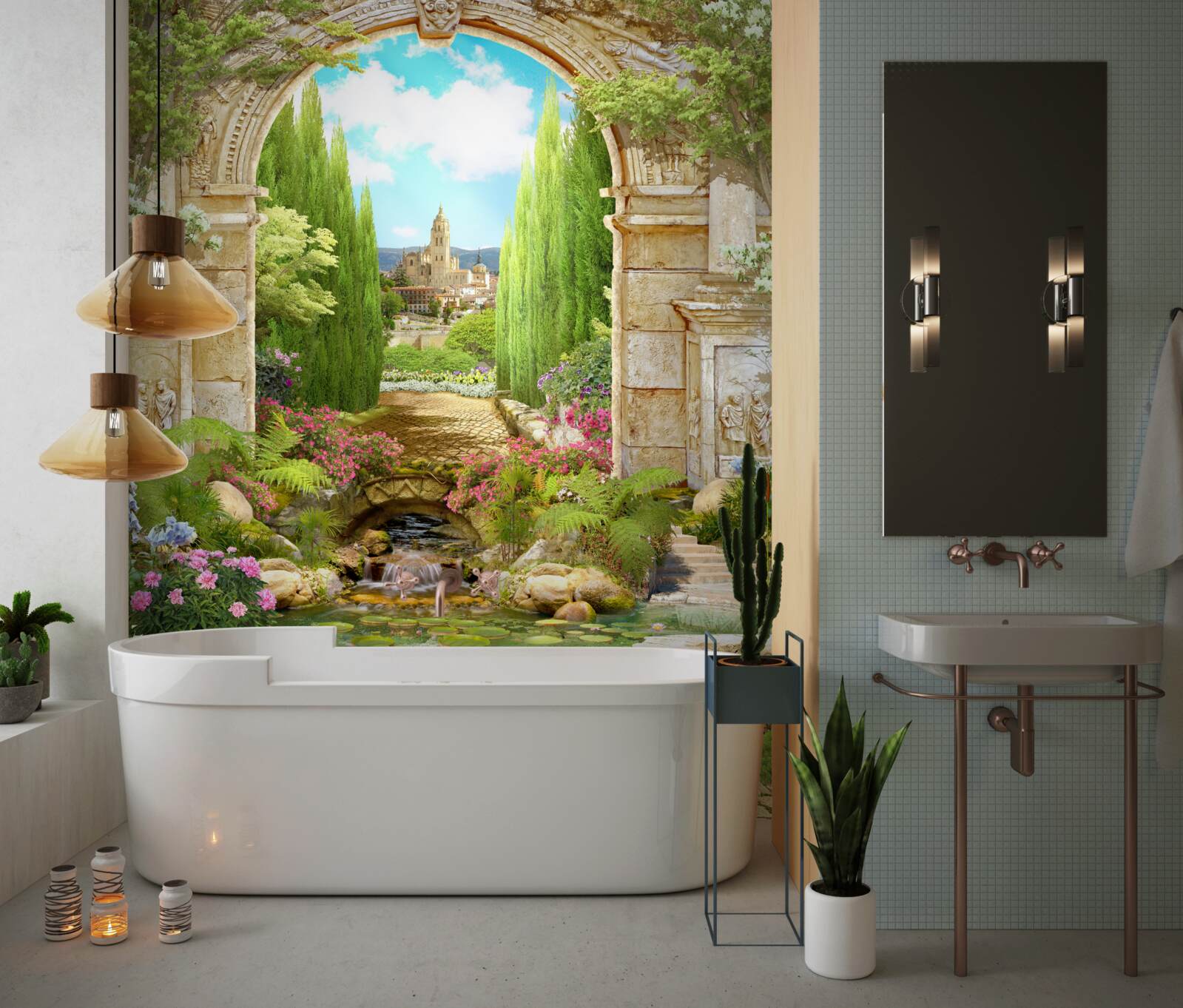 Fototapet arc vechi de piatră înconjurat de verdeață