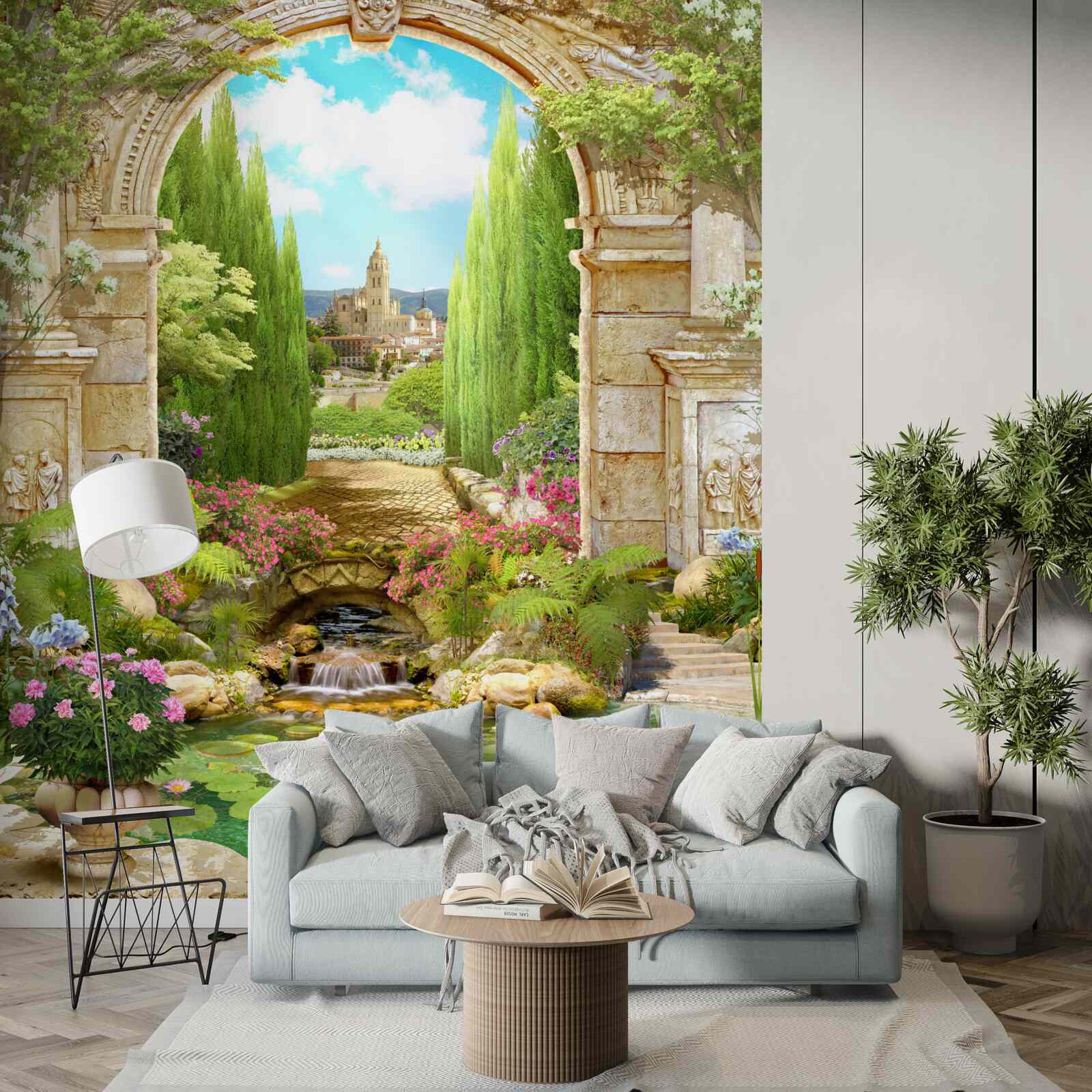 Fototapet arc vechi de piatră înconjurat de verdeață