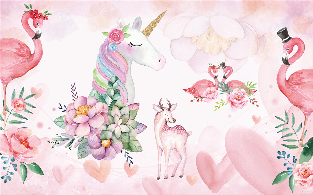 Fototapet animale roz decorate cu flori