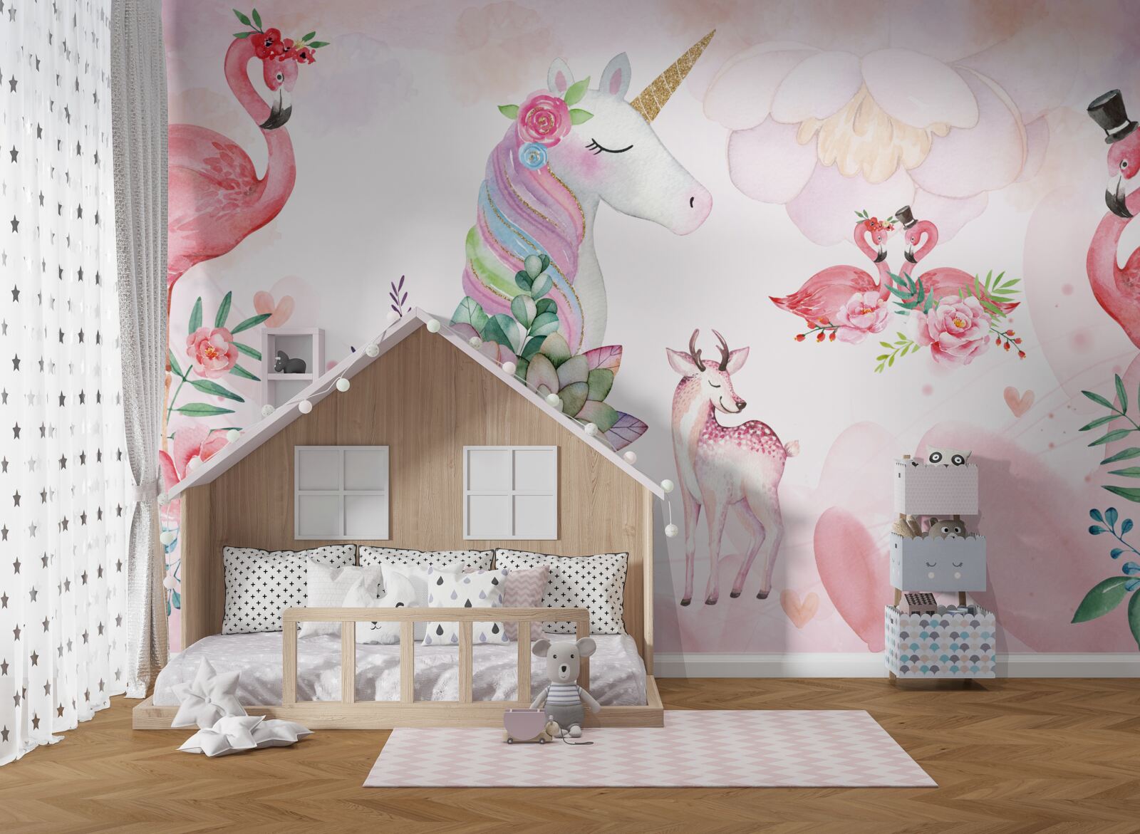 Fototapet animale roz decorate cu flori