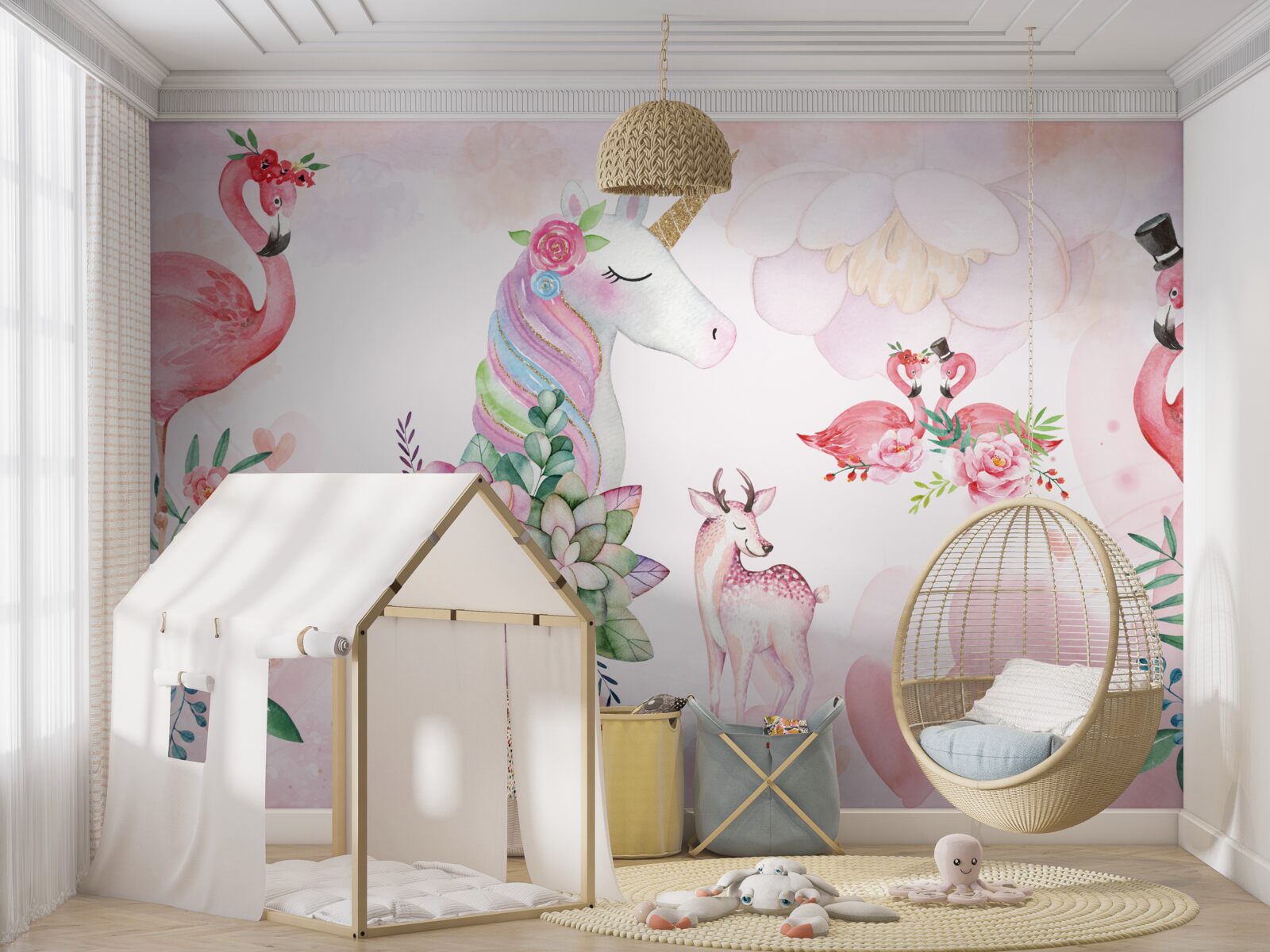 Fototapet animale roz decorate cu flori