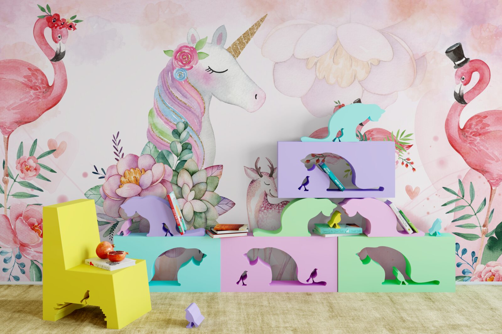 Fototapet animale roz decorate cu flori