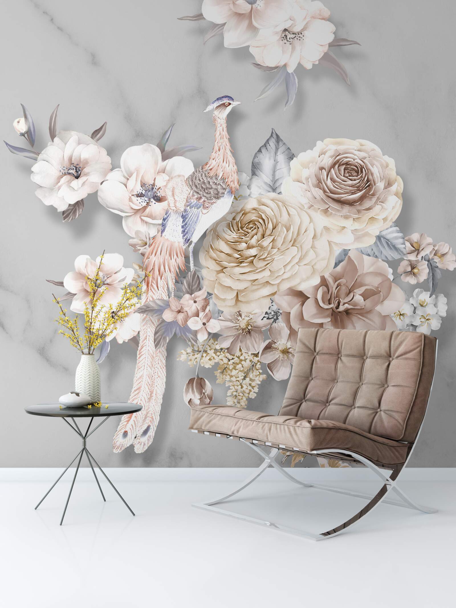 Fototapet aranjament floral cu un păun