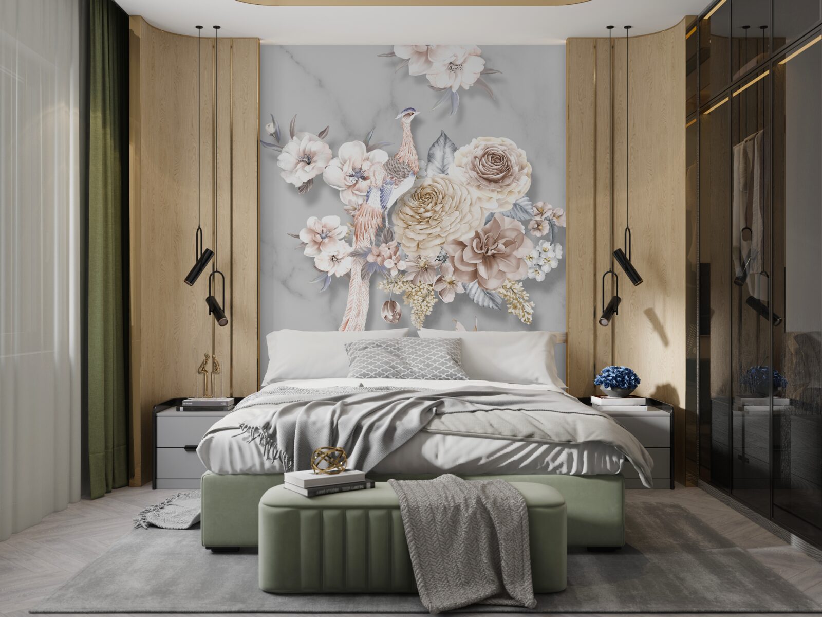 Fototapet aranjament floral cu un păun