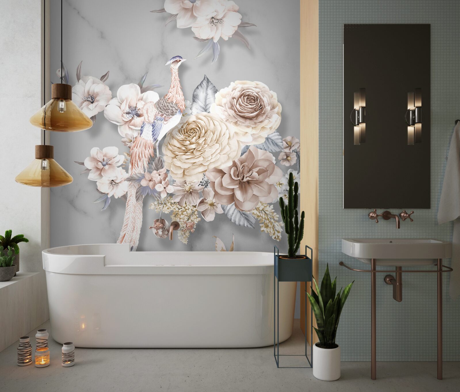 Fototapet aranjament floral cu un păun