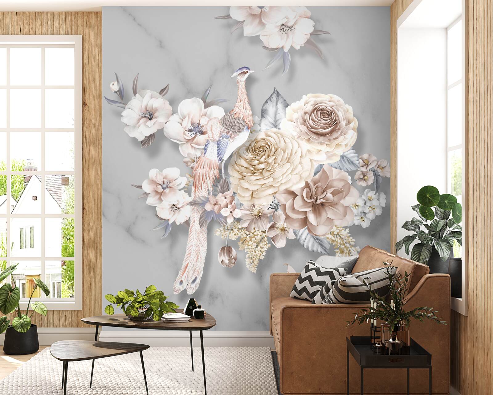 Fototapet aranjament floral cu un păun