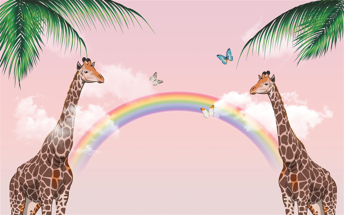 Fototapet două girafe privind un curcubeu