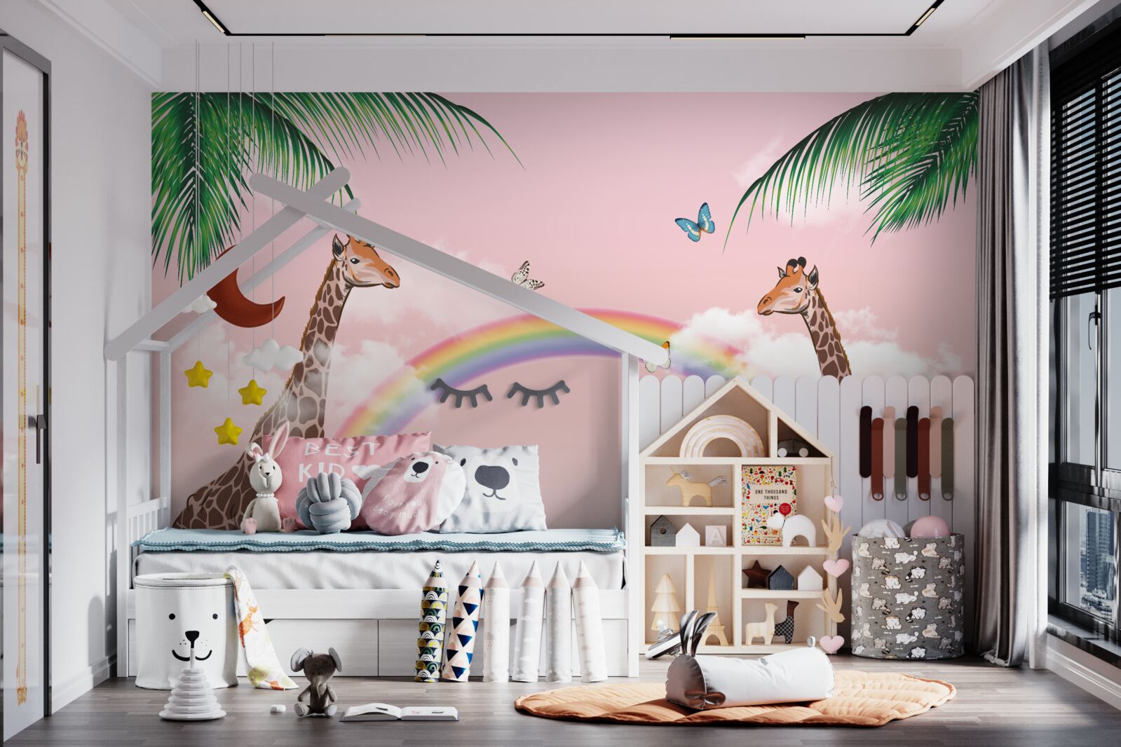 Fototapet două girafe privind un curcubeu