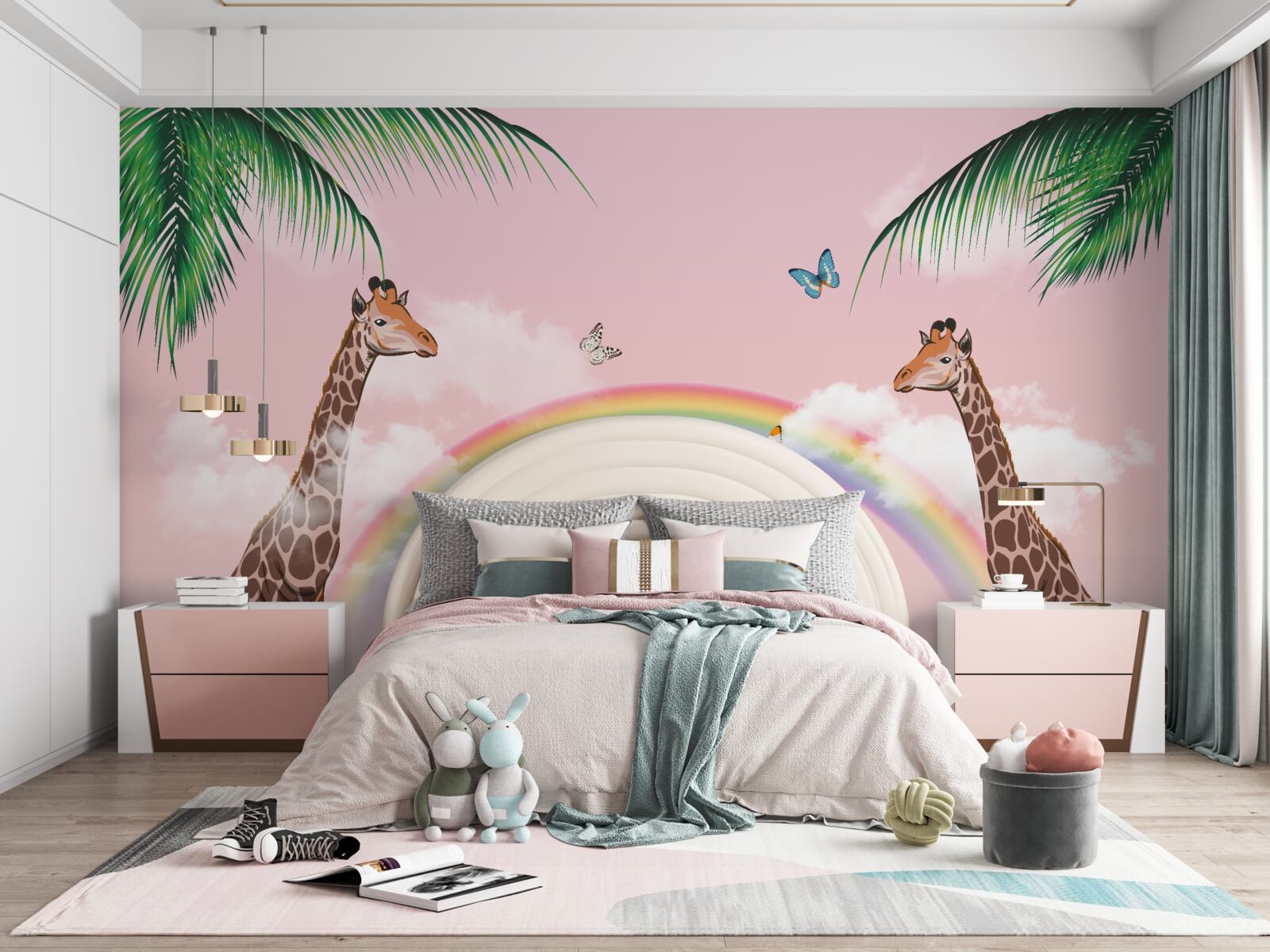 Fototapet două girafe privind un curcubeu