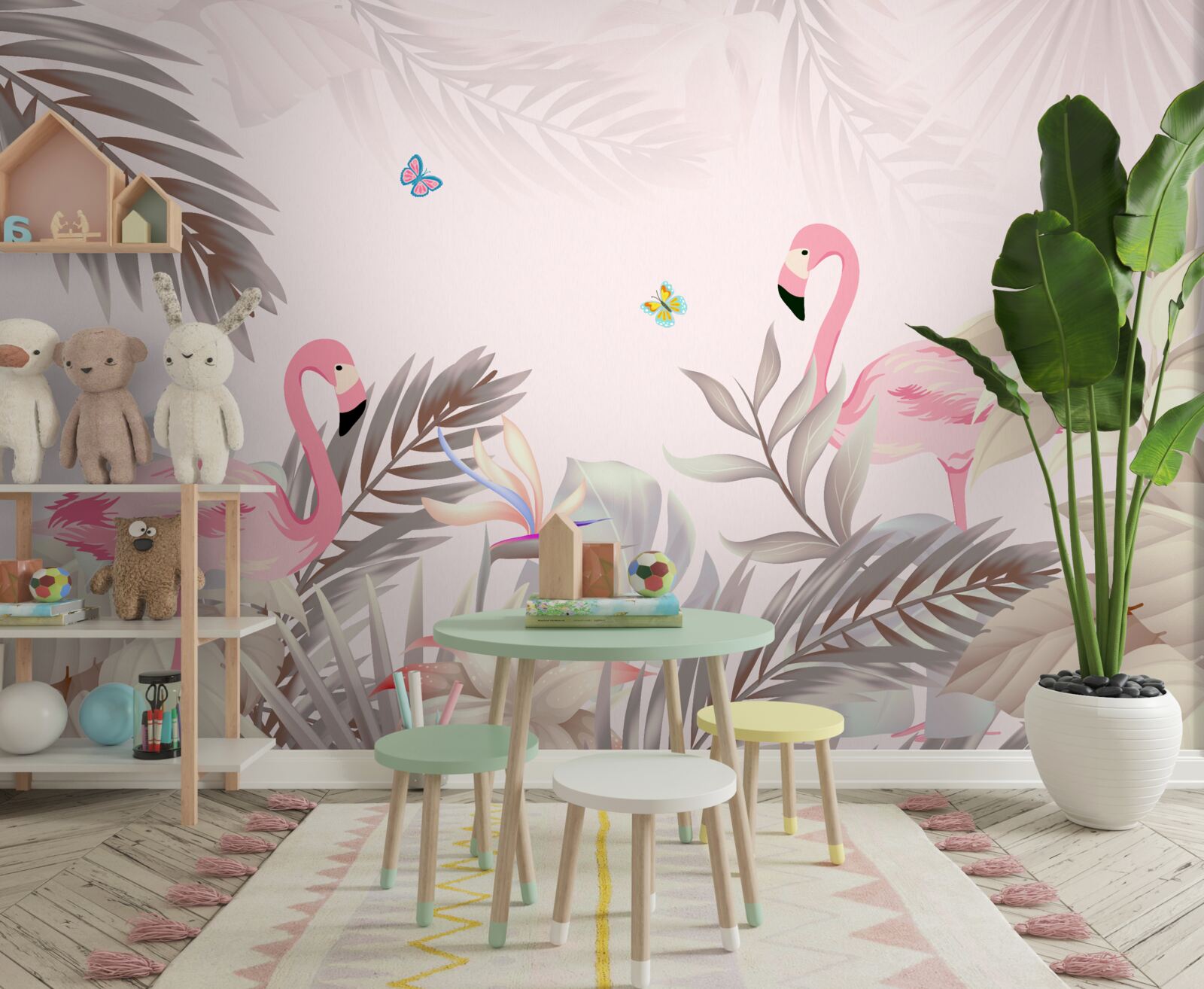 Fototapet flamingo printre copaci