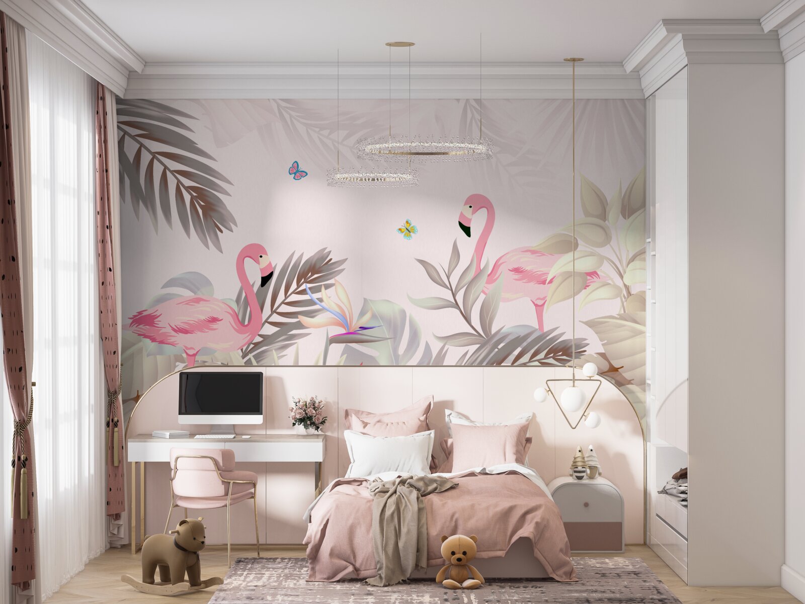 Fototapet flamingo printre copaci