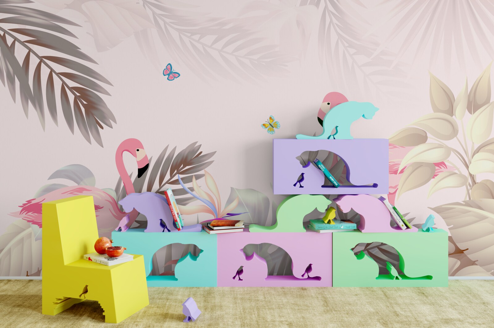 Fototapet flamingo printre copaci