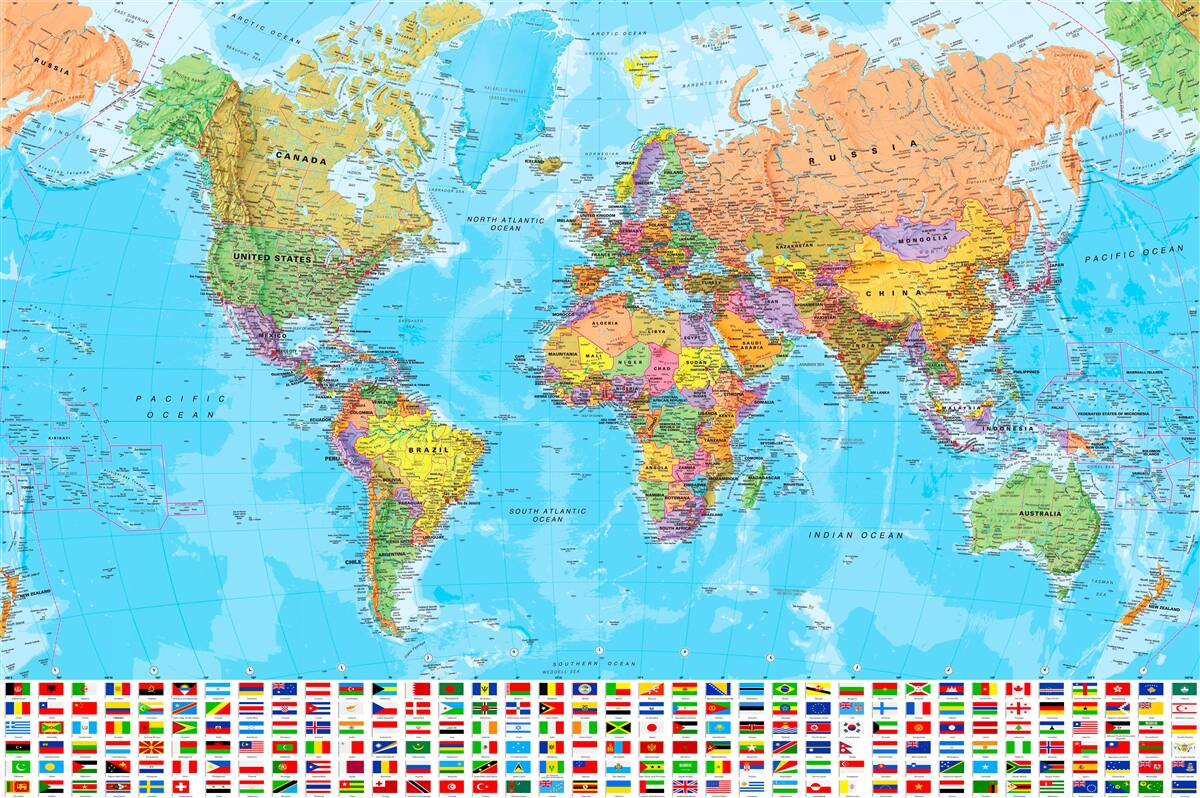 Fototapet hartă a lumii cu steagurile țărilor
