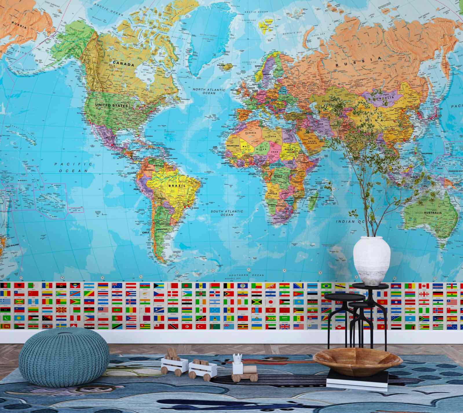 Fototapet hartă a lumii cu steagurile țărilor