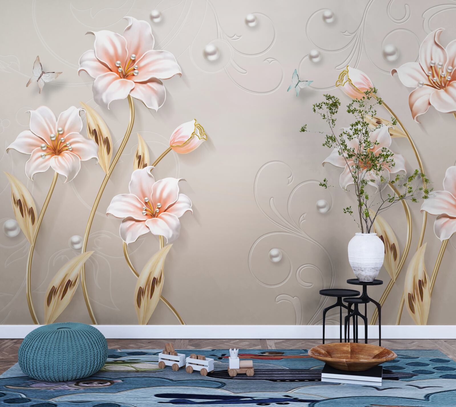 Fototapet flori din metal și nucă de perlă