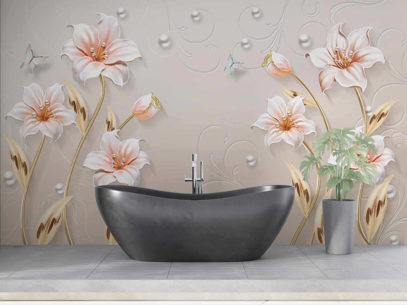 Fototapet flori din metal și nucă de perlă