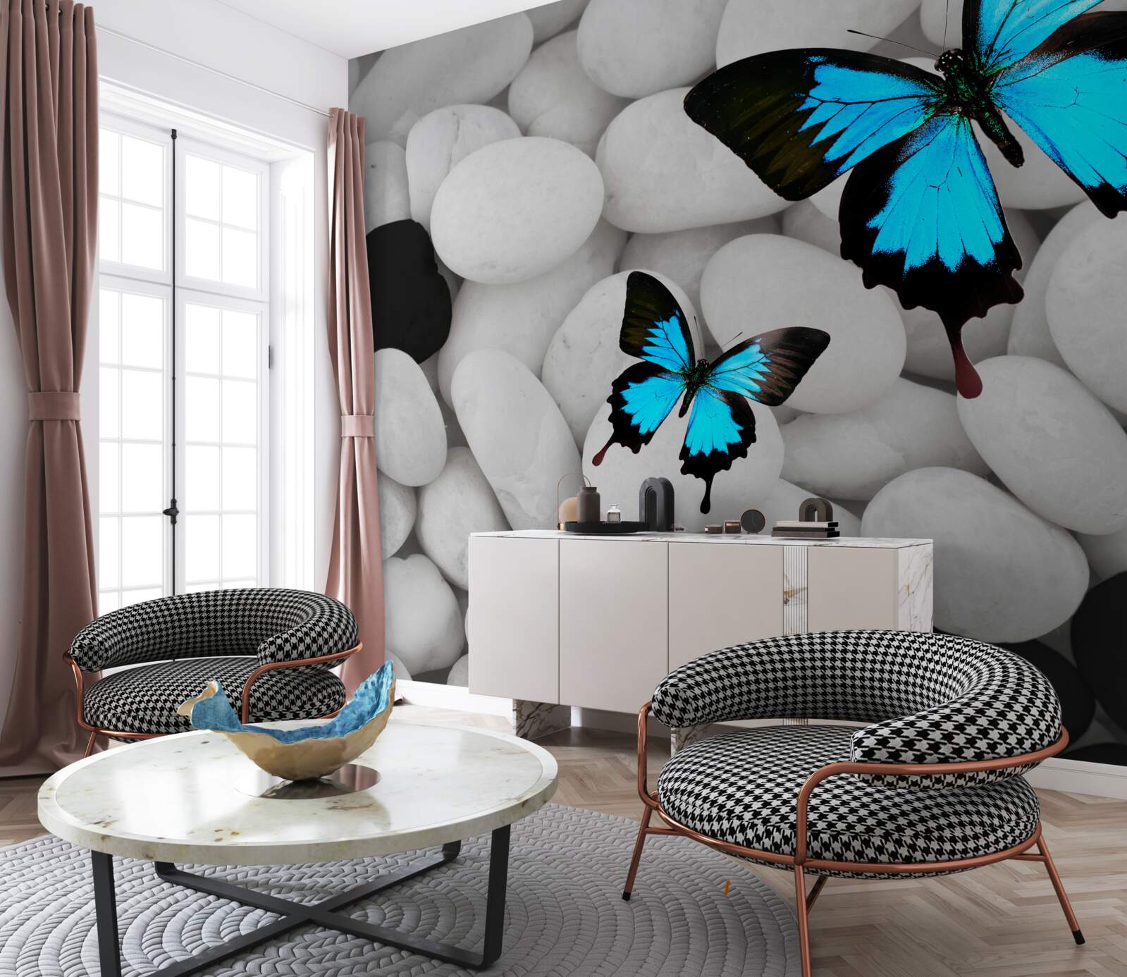 Fototapet fluturi colorați pe pietre strălucitoare