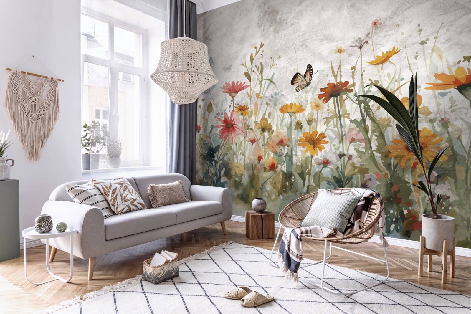 Fototapet flori cu fluturi în zori