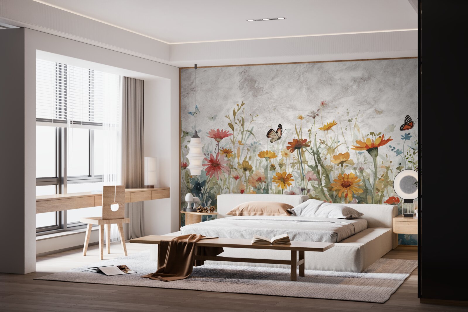 Fototapet flori cu fluturi în zori