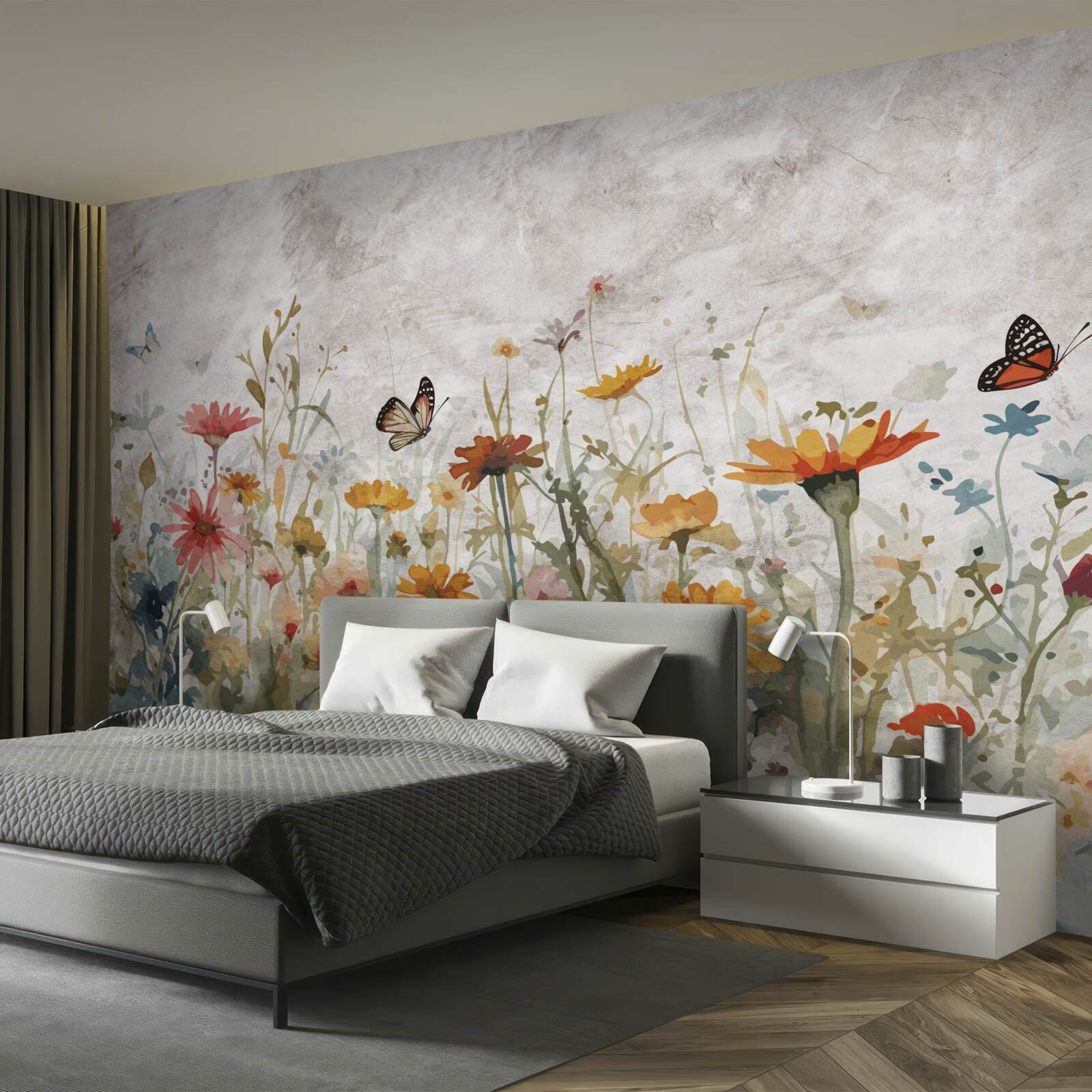 Fototapet flori cu fluturi în zori