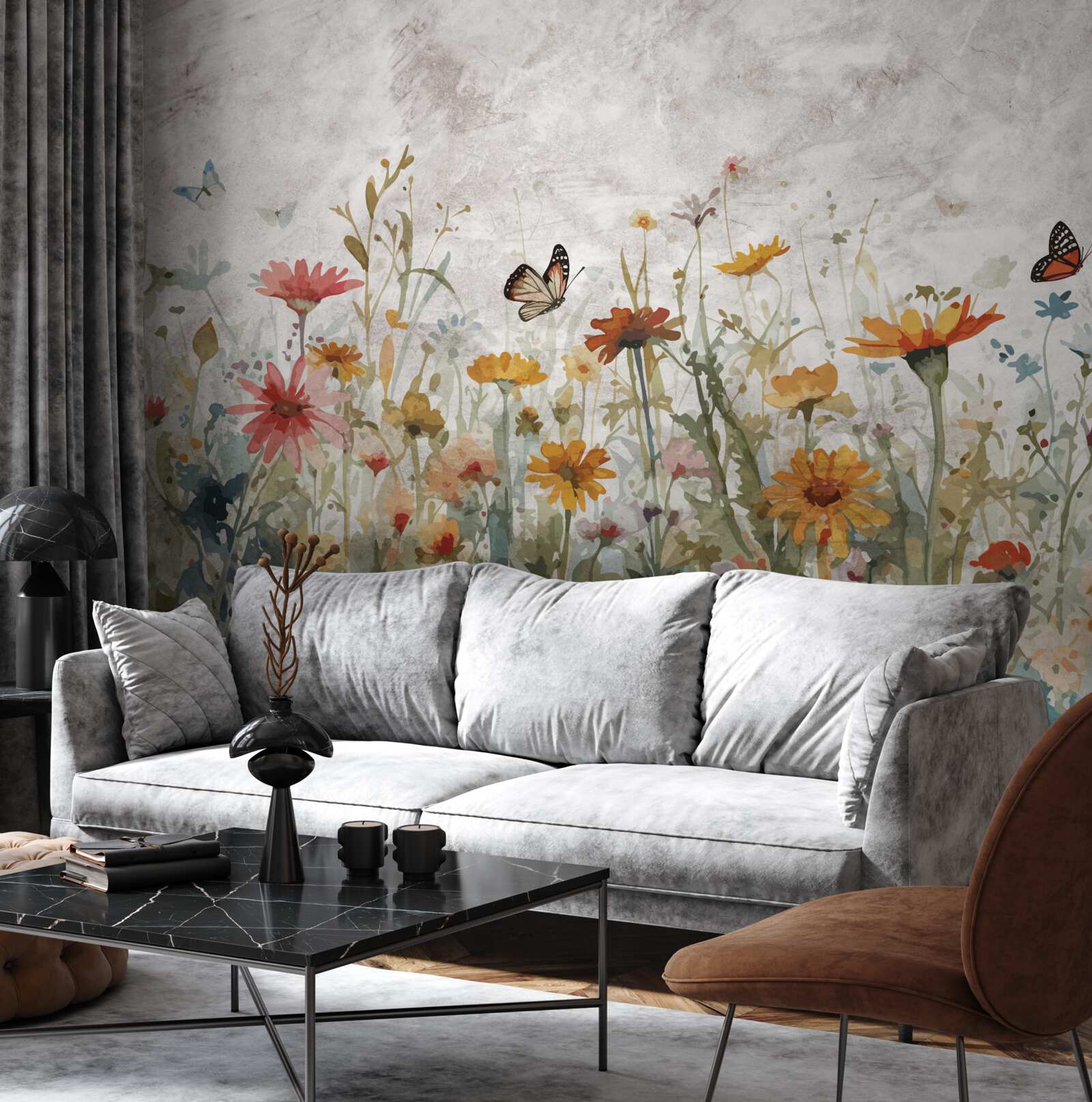 Fototapet flori cu fluturi în zori