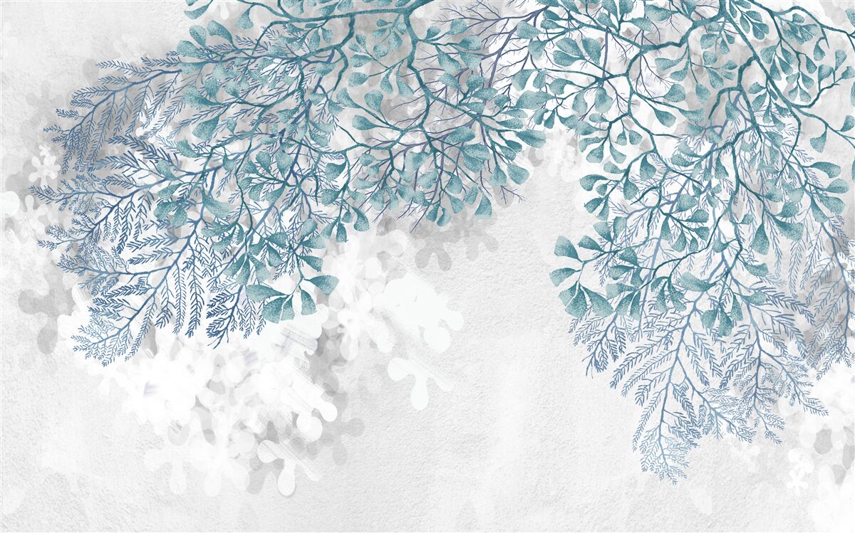 Fototapet fundal alb cu frunze verzi