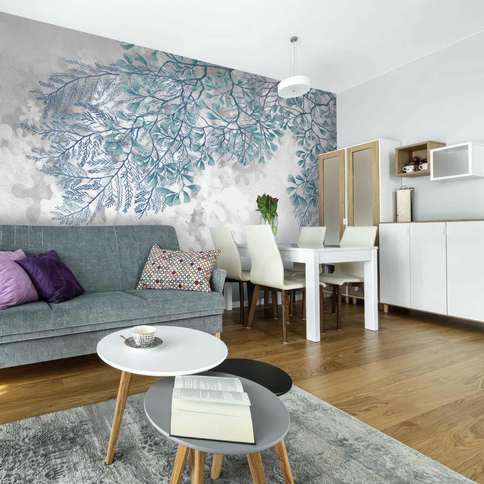 Fototapet fundal alb cu frunze verzi