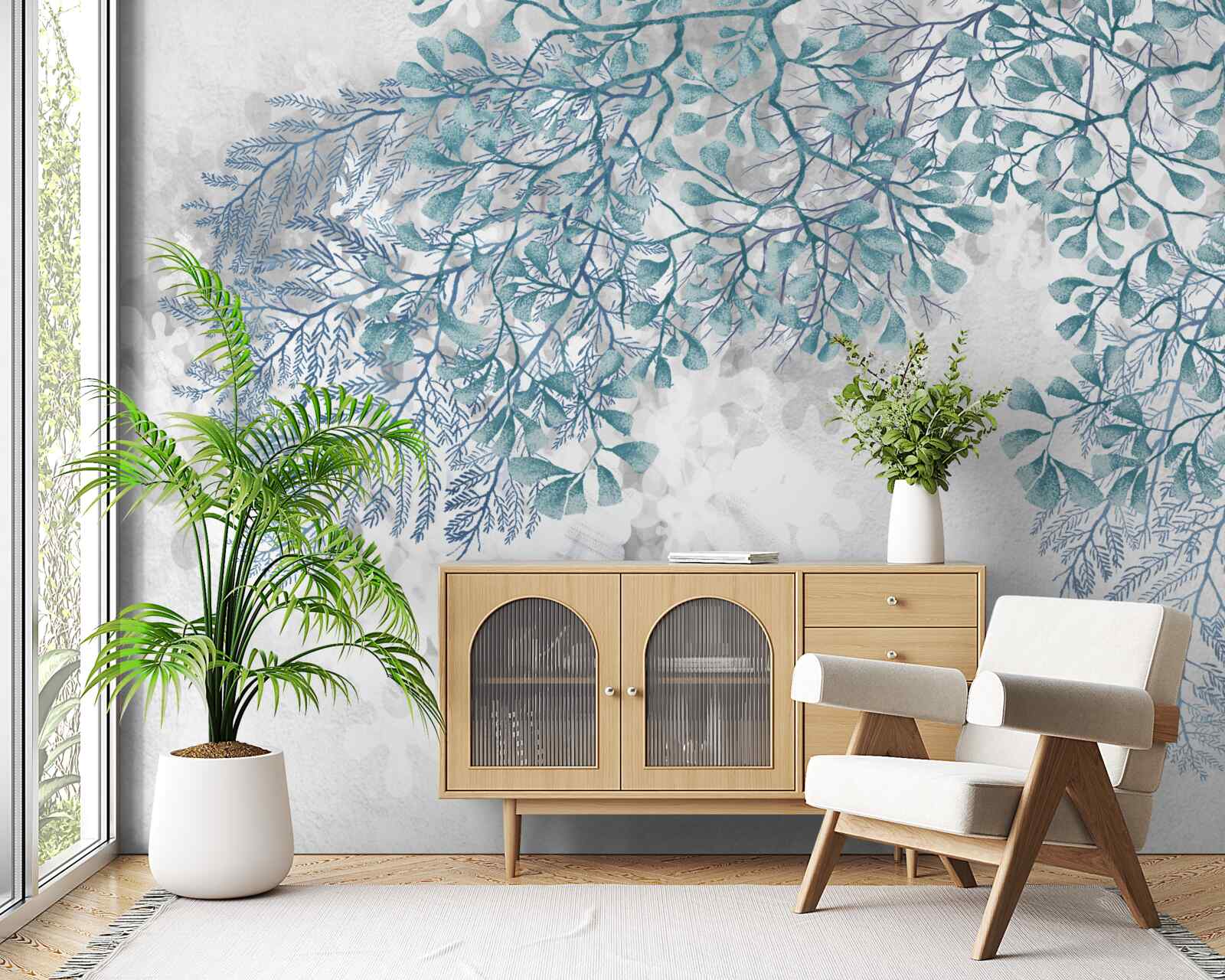 Fototapet fundal alb cu frunze verzi