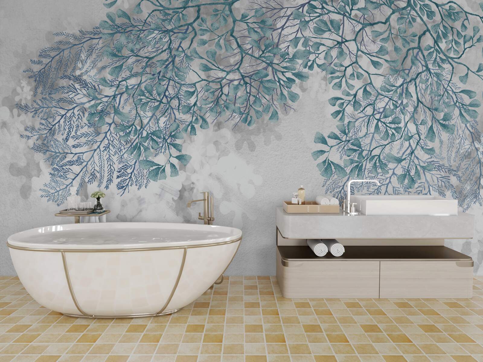 Fototapet fundal alb cu frunze verzi