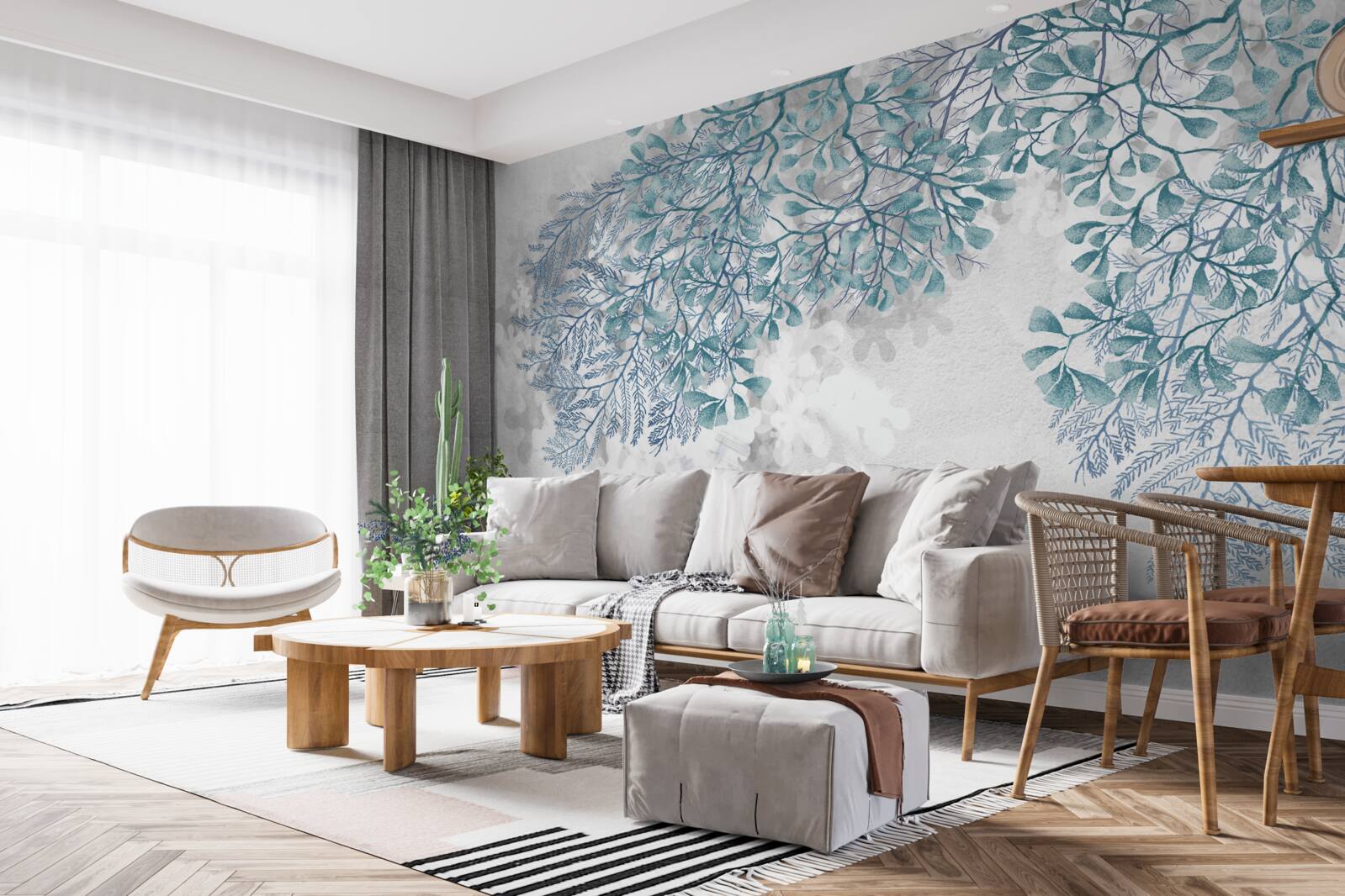 Fototapet fundal alb cu frunze verzi