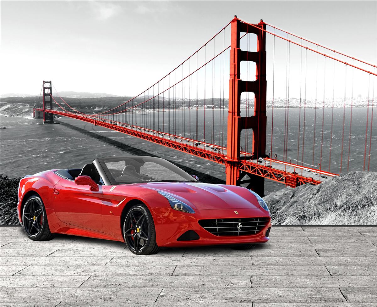 Fototapet mașină roșie și pod