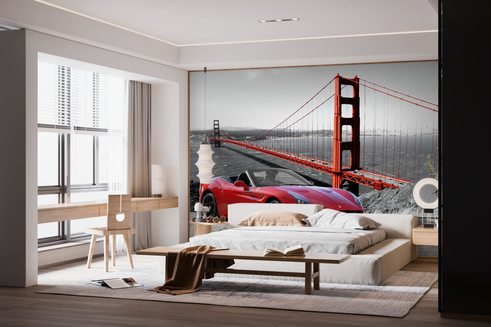 Fototapet mașină roșie și pod