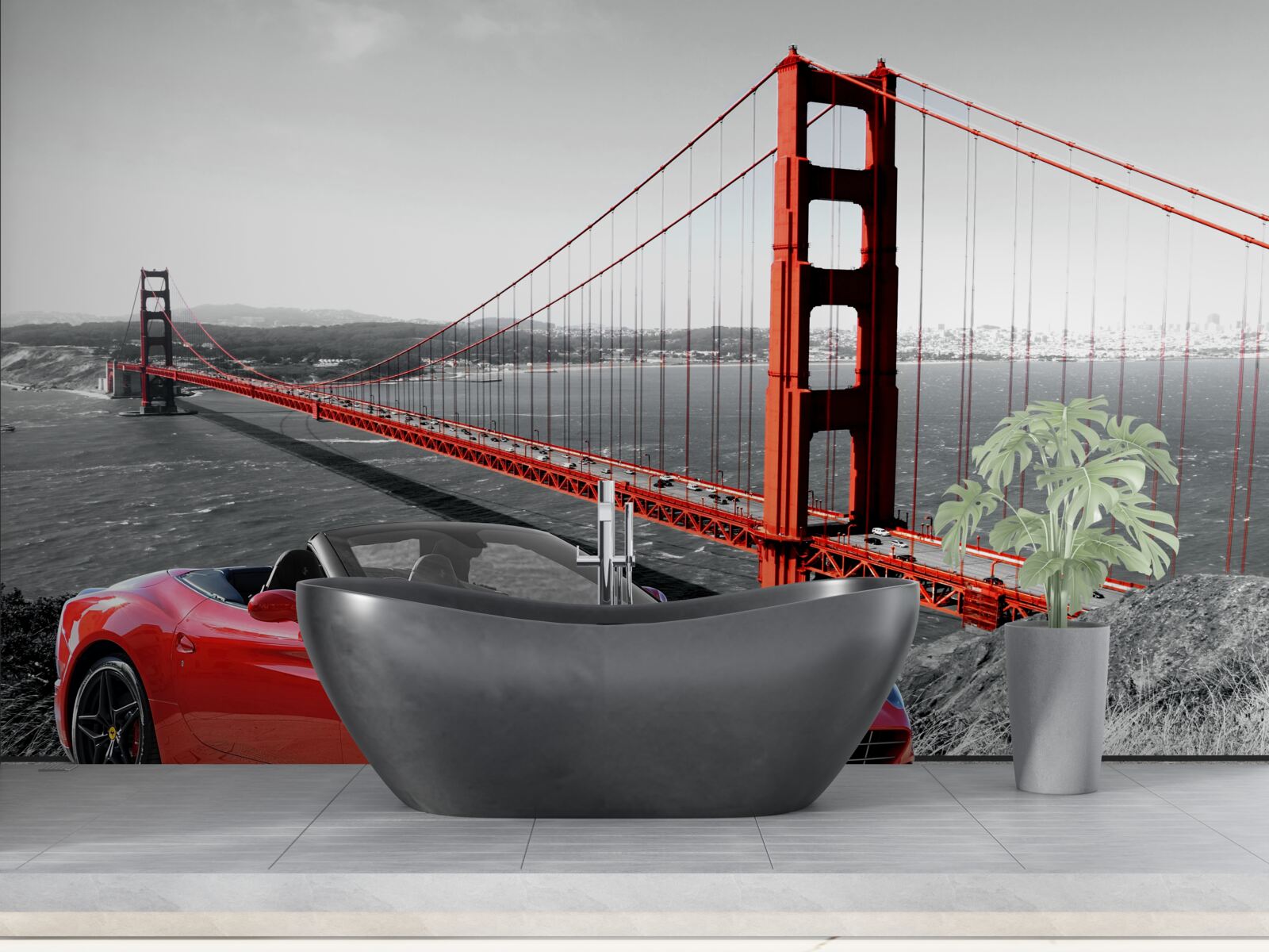 Fototapet mașină roșie și pod