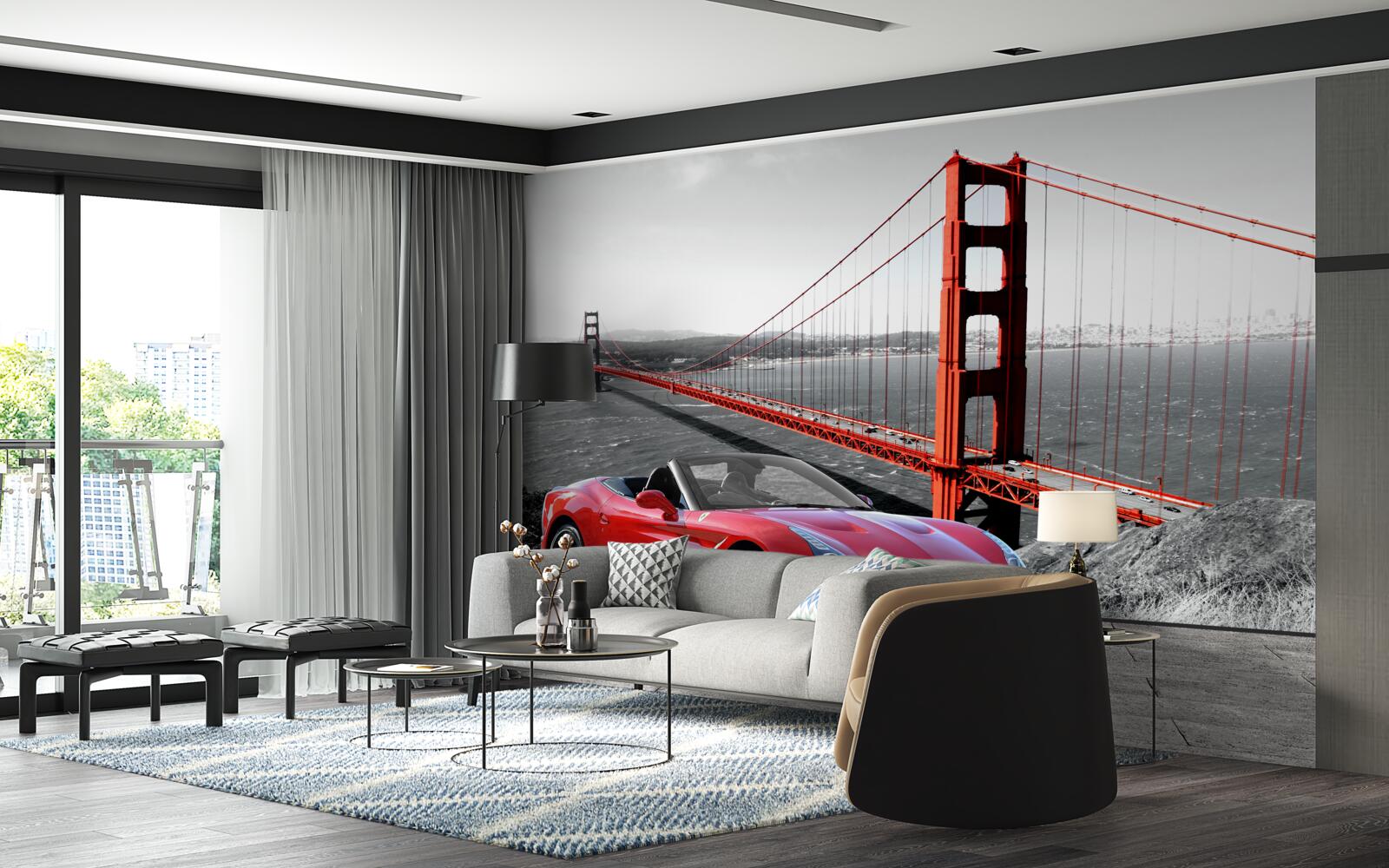 Fototapet mașină roșie și pod