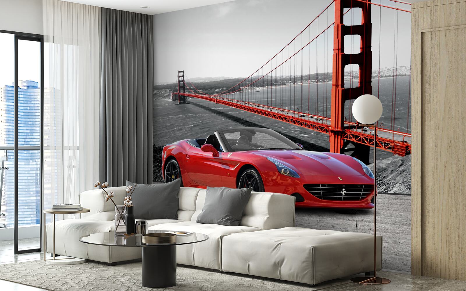 Fototapet mașină roșie și pod