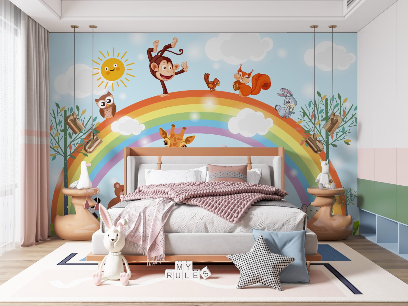 Fototapet animalele se distrează privind curcubeul