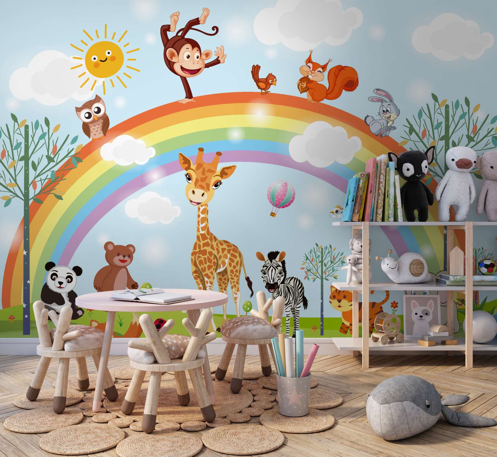 Fototapet animalele se distrează privind curcubeul