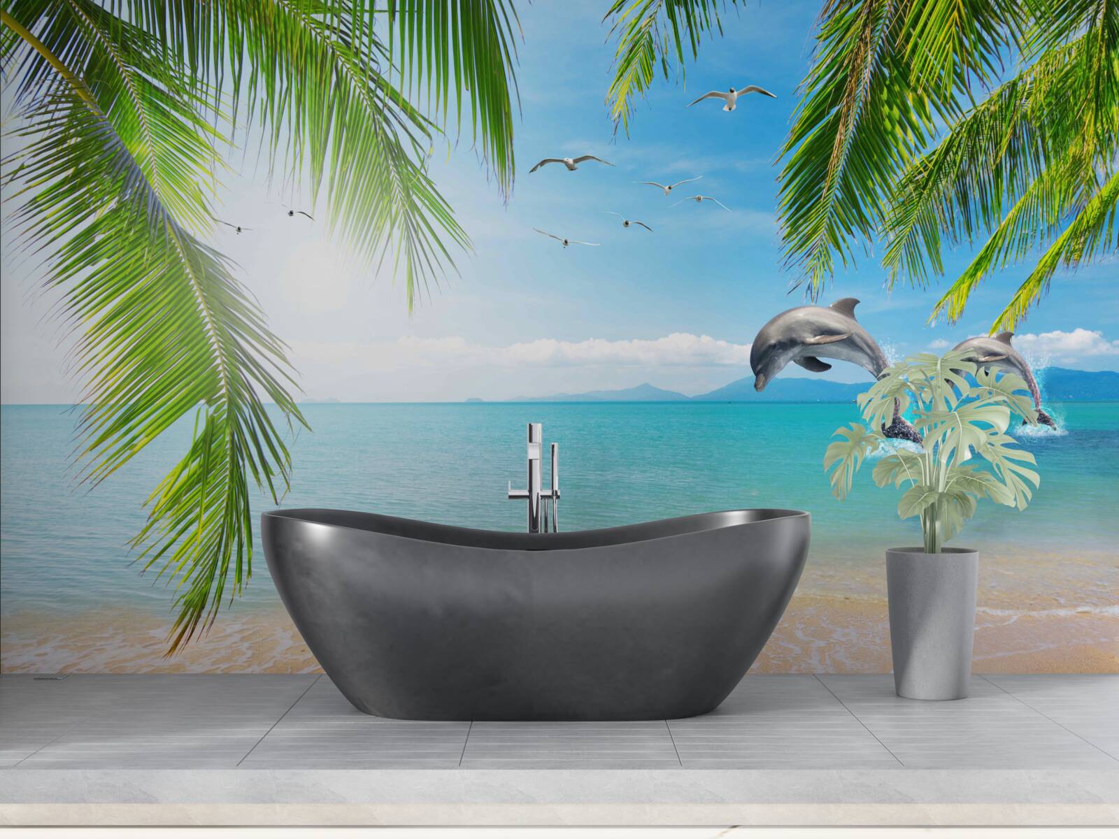 Fototapet doi delfini în largul coastei cu apă azurie