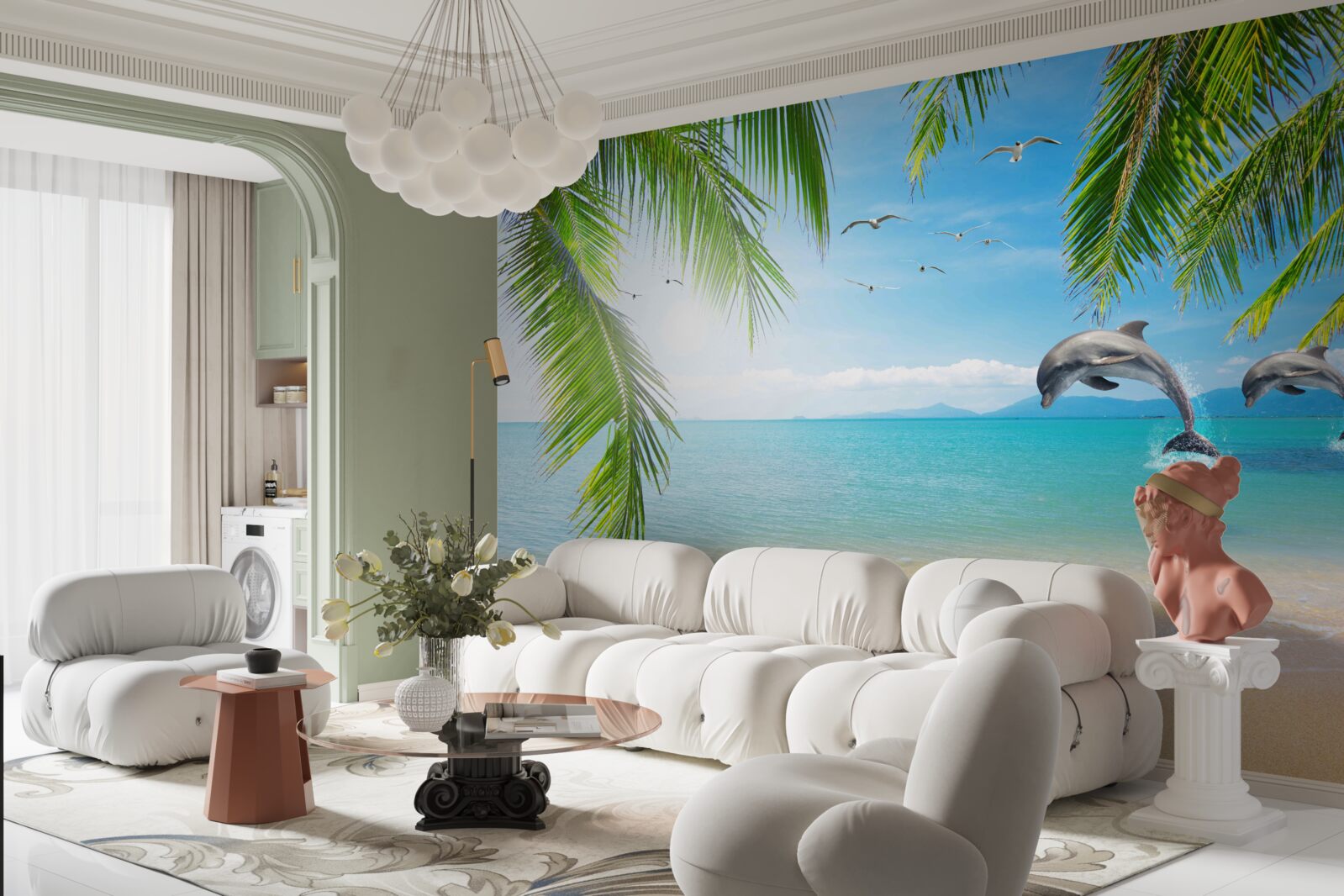 Fototapet doi delfini în largul coastei cu apă azurie