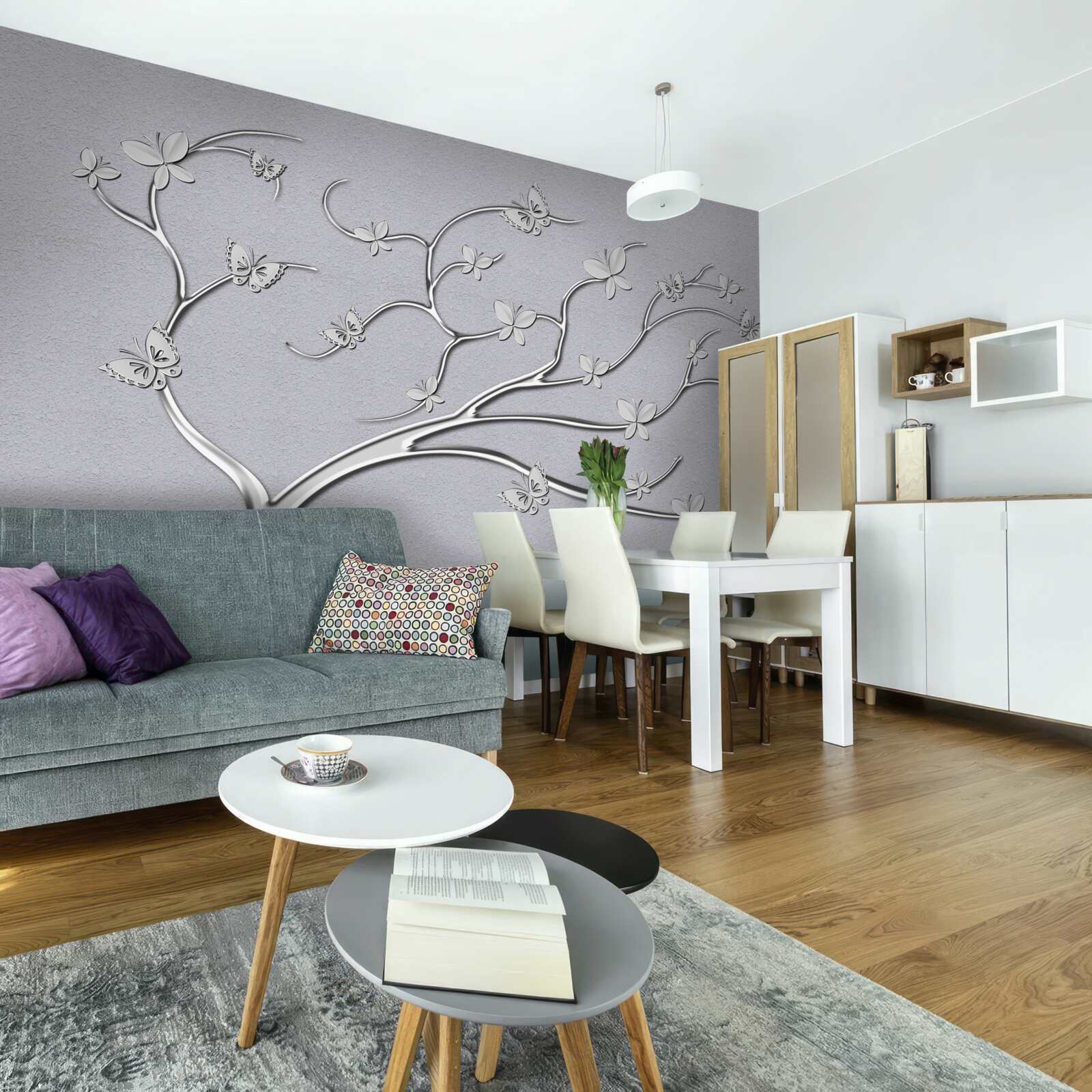 Fototapet copac subțire cu flori metalice