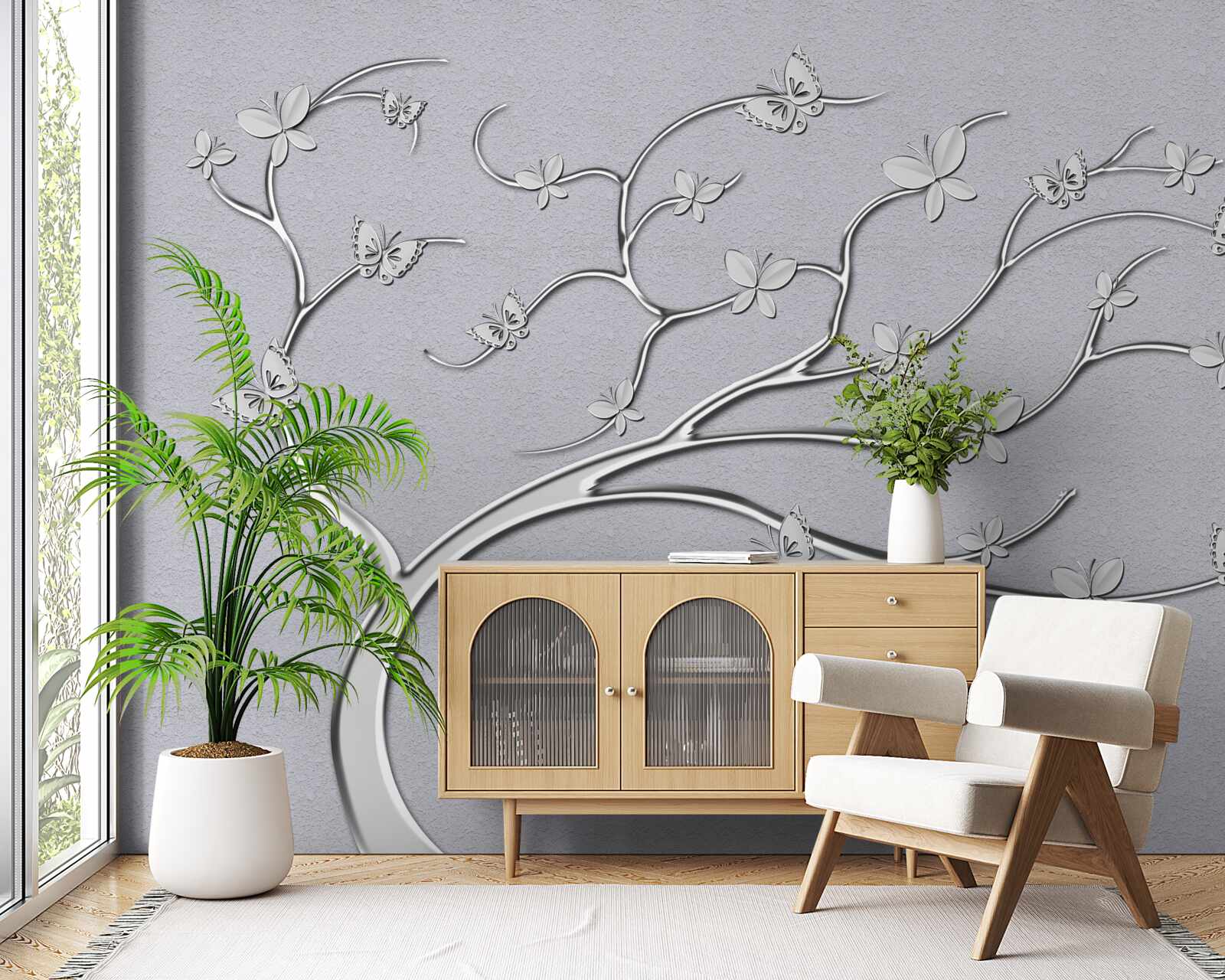 Fototapet copac subțire cu flori metalice