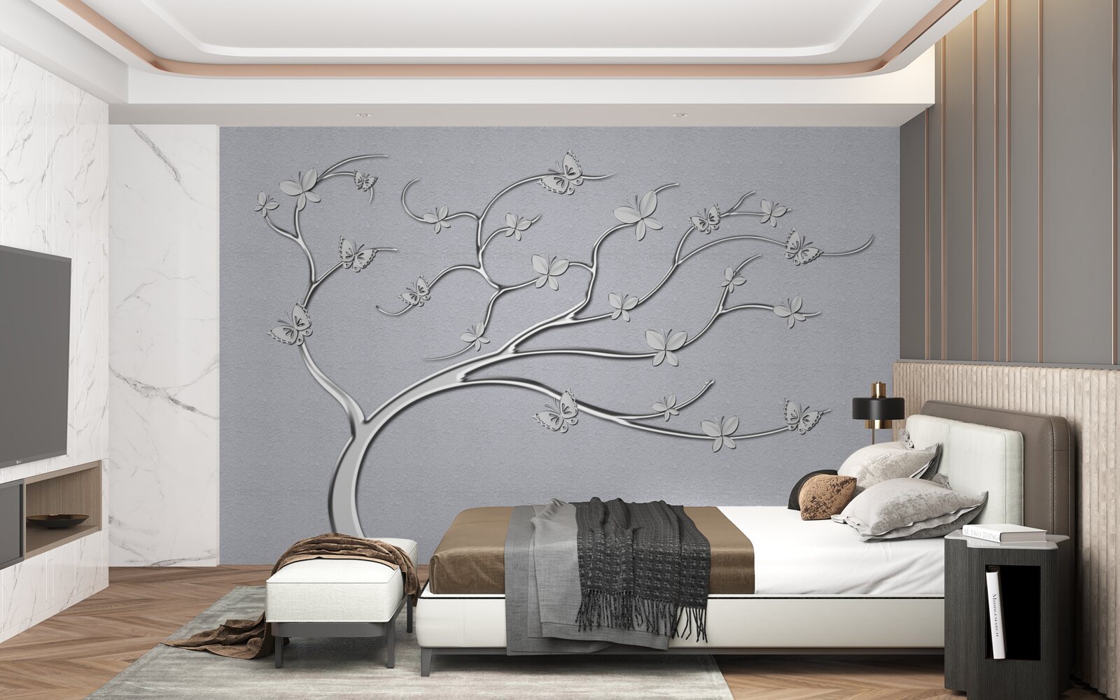 Fototapet copac subțire cu flori metalice