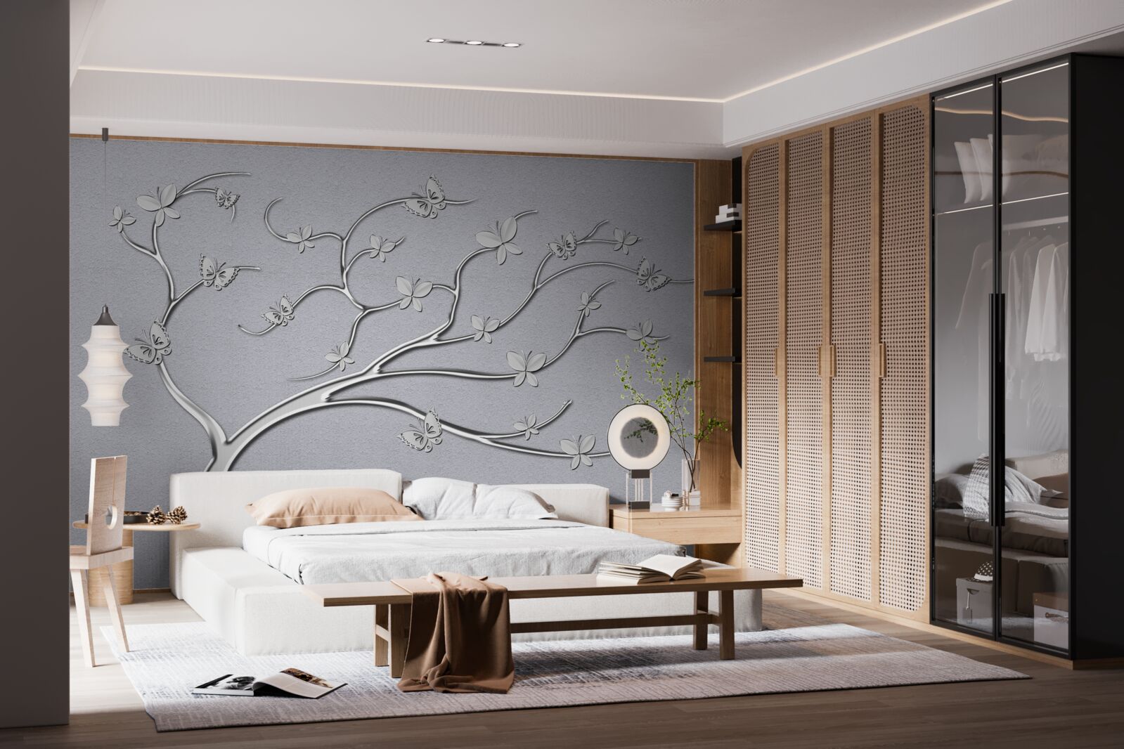 Fototapet copac subțire cu flori metalice