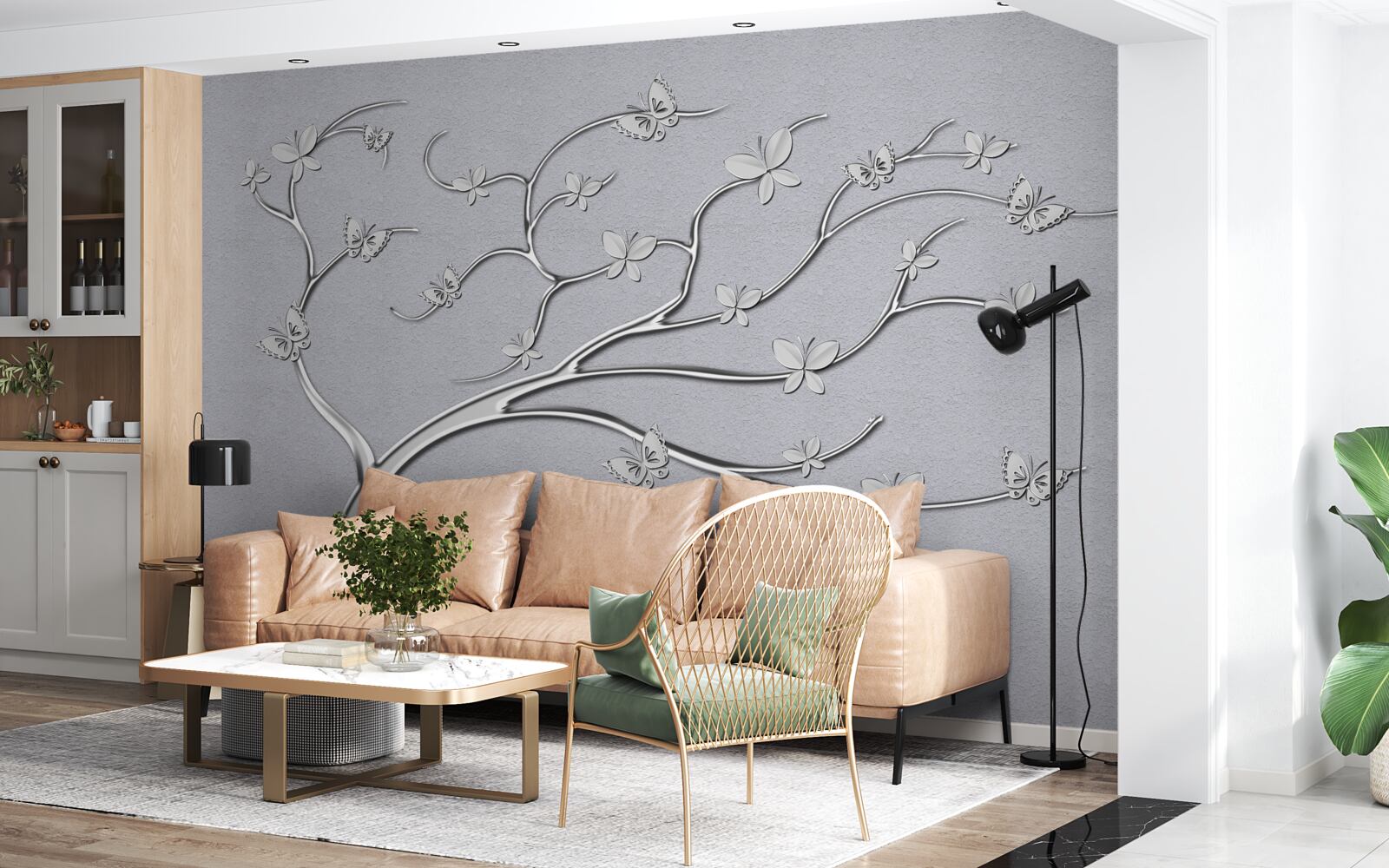 Fototapet copac subțire cu flori metalice